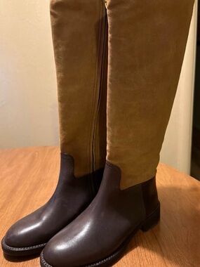 Tory Burch Two-Tone Over-the-Knee Boots in Dark Brown and Tan